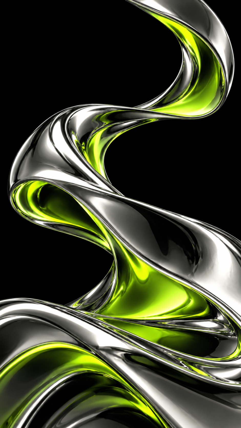 Liquid chrome waves with green reflections on black, Evoluzione Tech artwork