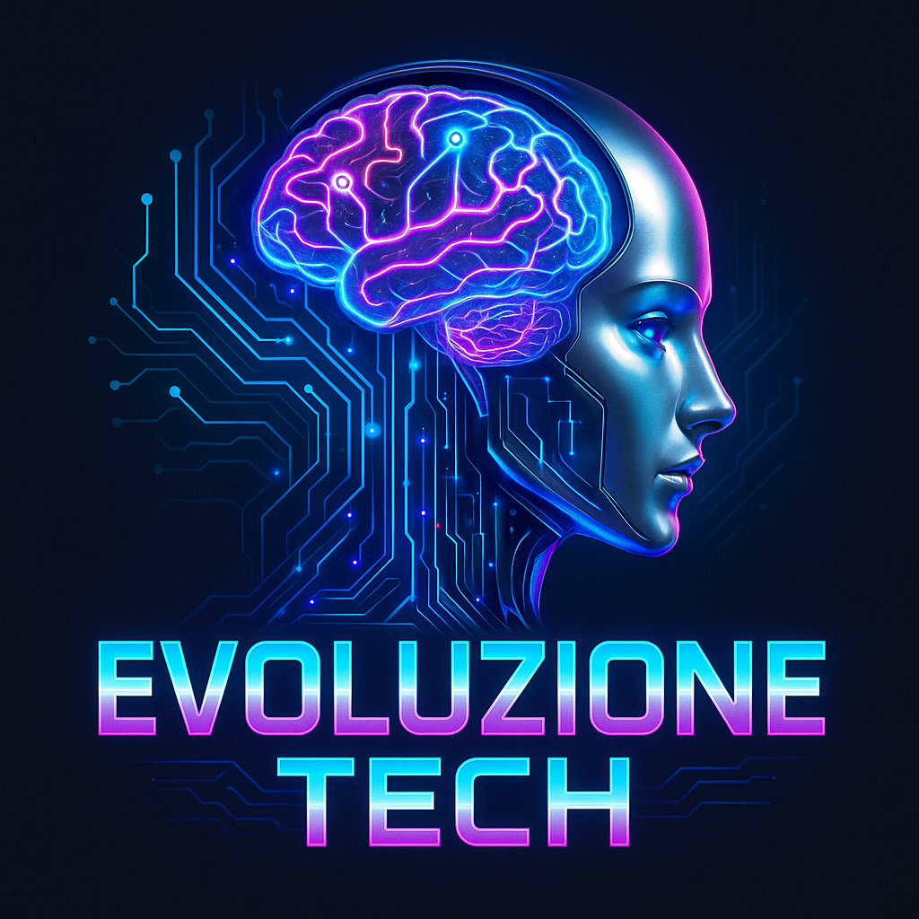 Evoluzione Tech: a cybernetic profile with a glowing cyan and magenta brain and circuit lines